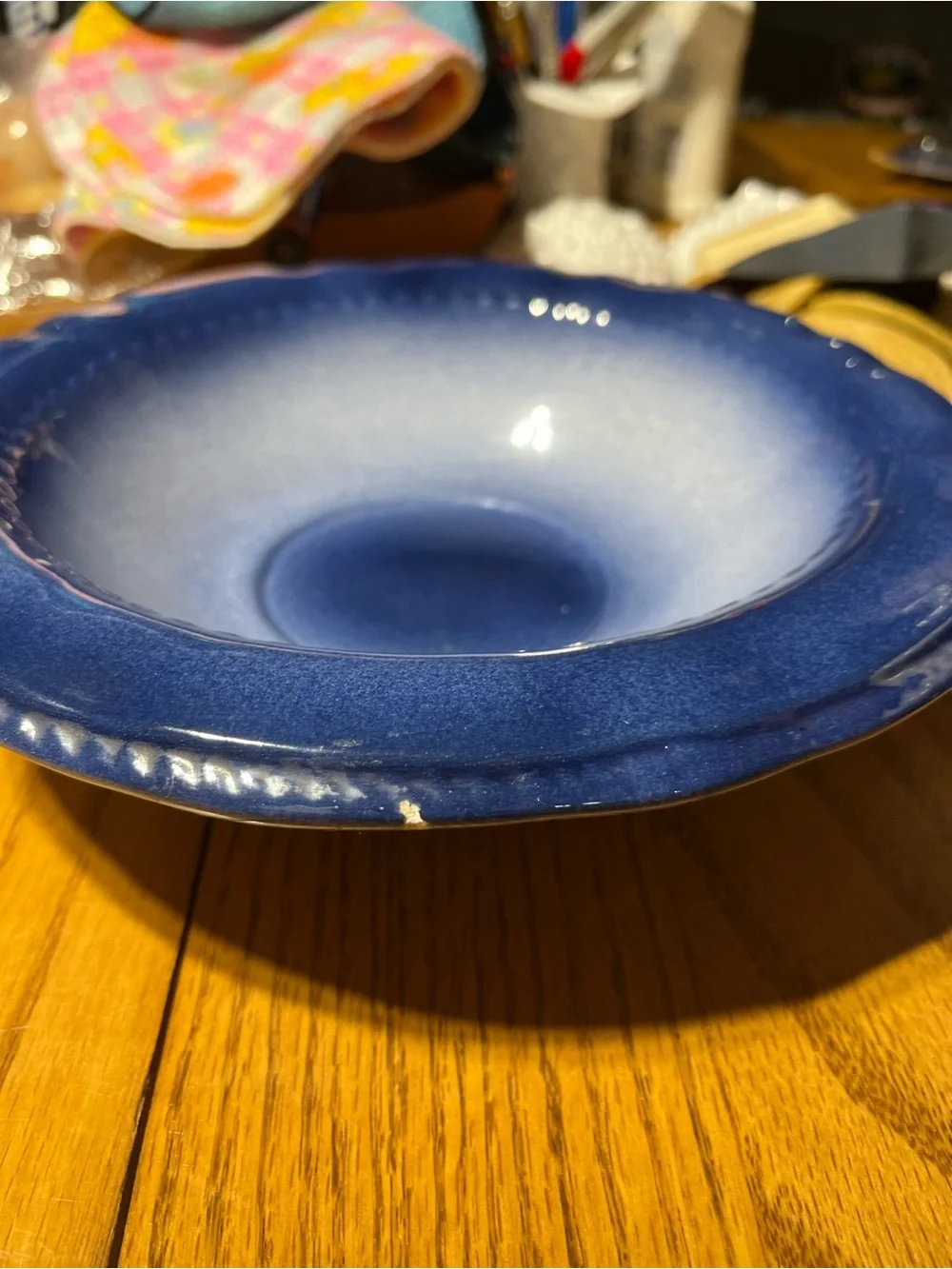 Blue Ceramic Pitcher and Basin with Red Rose Accent
